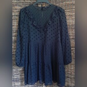 Zara Swiss Polka Dot Chiffon Lined Mini Dress Small Black Ruffle Lace Sheer Boho